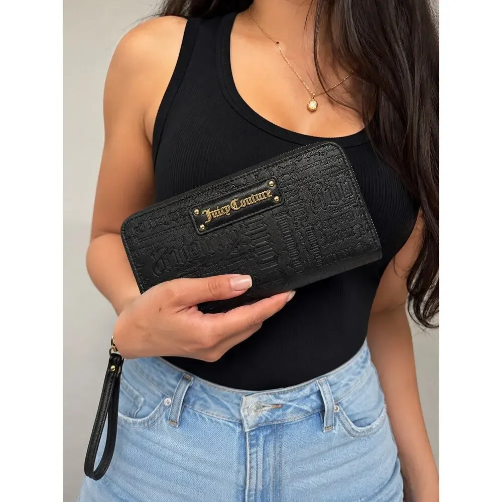 Juicy Couture Black Gothic Embossed Zip Around Wristlet Wallet NIB Y2K McBling